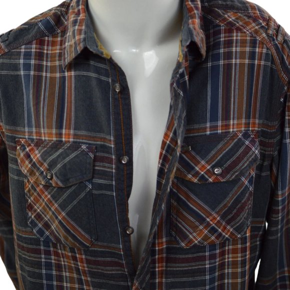 Point zero Men s M  Shirt Long sleeves check Military shoulder Elbow Patch - Picture 3 of 8